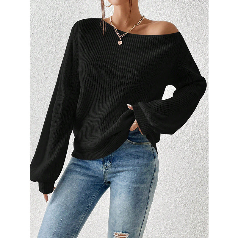 Pull sexy sans bretelles à col diagonal pour femme, couleur unie, ample et paresseux, automne et hiver