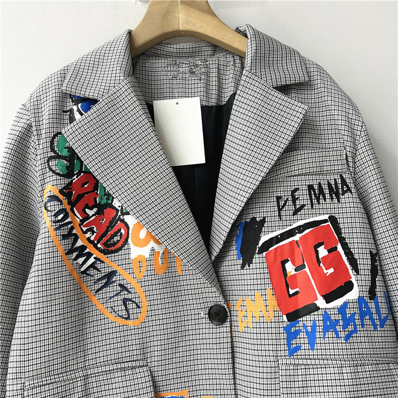 Autumn Niche Graffiti Design British Plaid Loose Women Jacket Hong Kong Blazers