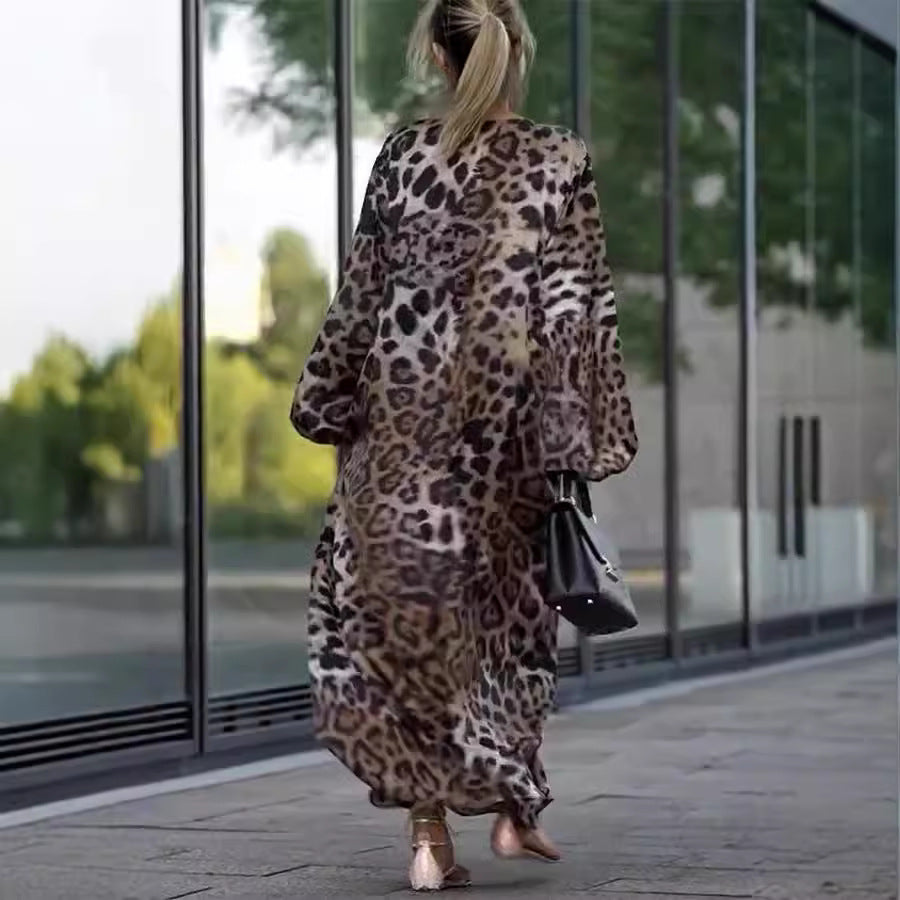 Vestido holgado de manga larga con estampado de leopardo para otoño