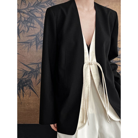 Chinese High Grade Blazer for Women Faux Two Piece Jacquard Placket