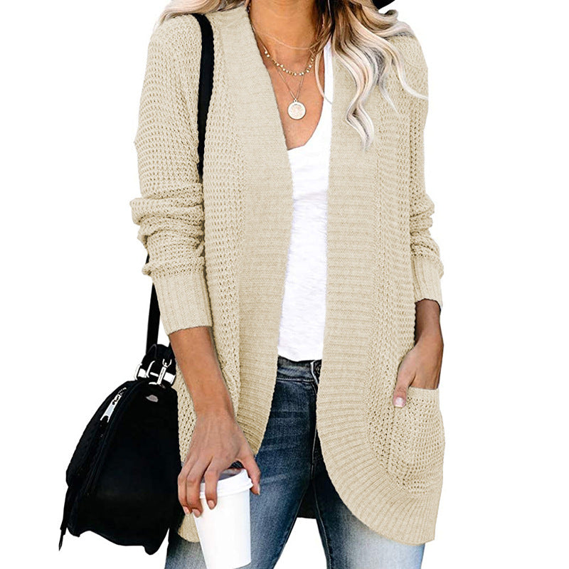 Autumn Winter Cardigan Women Clothing Curved Placket Large Pocket Sweater Open