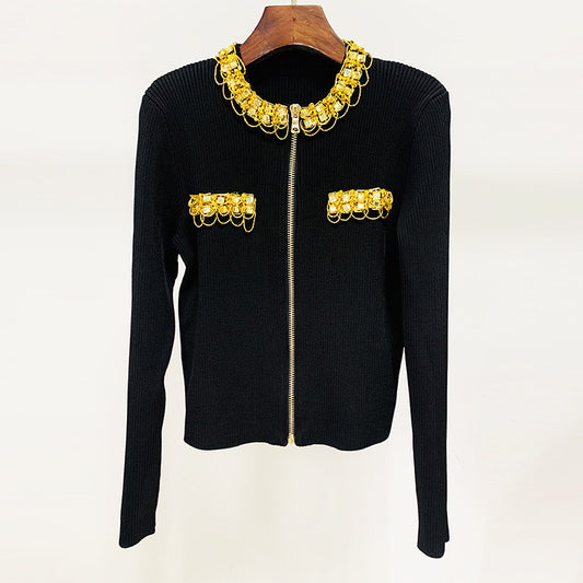 Goods Stars Socialite Heavy Industry Beads Diamond Zipper Sweater Coat