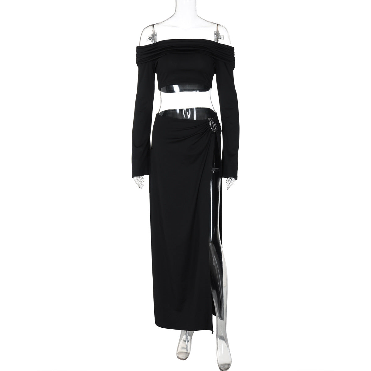 Women Clothing Autumn Off Neck Long Sleeve Bandeau Sexy High Slit Skirt Two Piece Suit Women