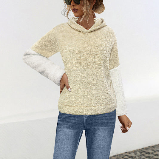 Pull à capuche avec oreilles de chat en fourrure pour femme, vêtement d'automne et d'hiver, coutures contrastées