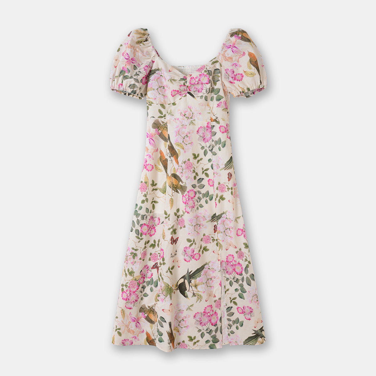 Spring And Summer Puff Sleeve Linen Mid-length Flower Print Tea Dress