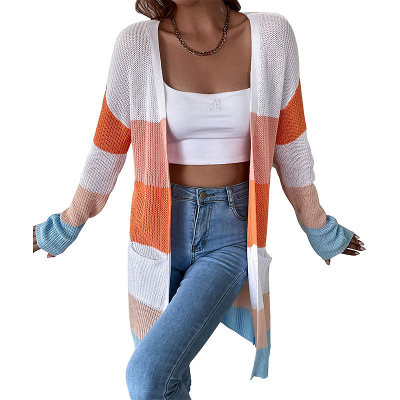 Ropa de otoño Ropa exterior para mujer Abrigo suéter colorblock de manga larga