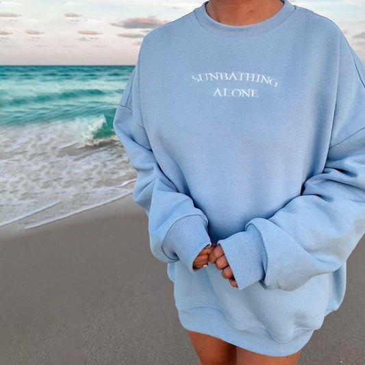 Autumn Simple Casual Solid Color All Matching Embroidered Pullover Brushed Loose Sweatshirt Women