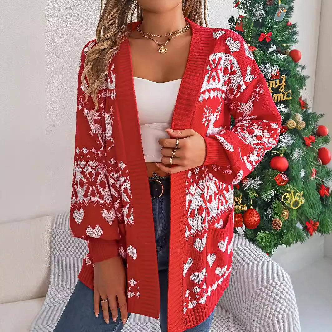 Automne Hiver Noël Cerf Poche Manches Longues Cardigan Pull Manteau Femmes Vêtements