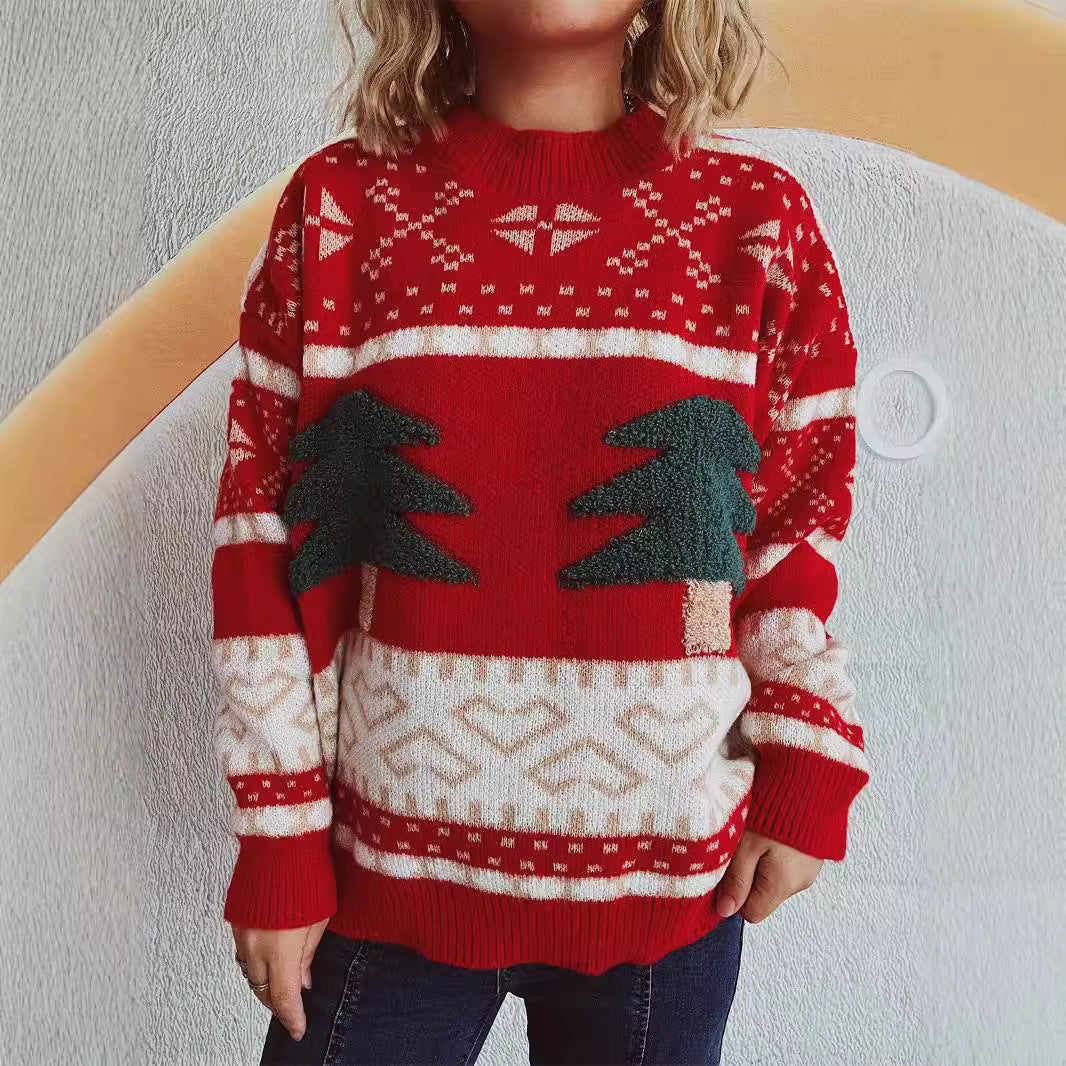 Christmas Sweater Women Casual round Neck Knitted Christmas Tree Cartoon Jacquard Holiday Year Sweater