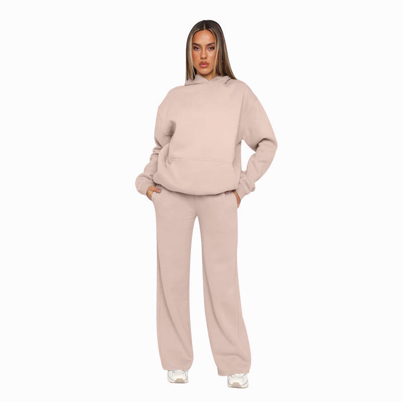 Autumn Winter Solid Color Long Sleeved Hooded Sweaters Women Clothing Casual Wide Leg Pants Sets