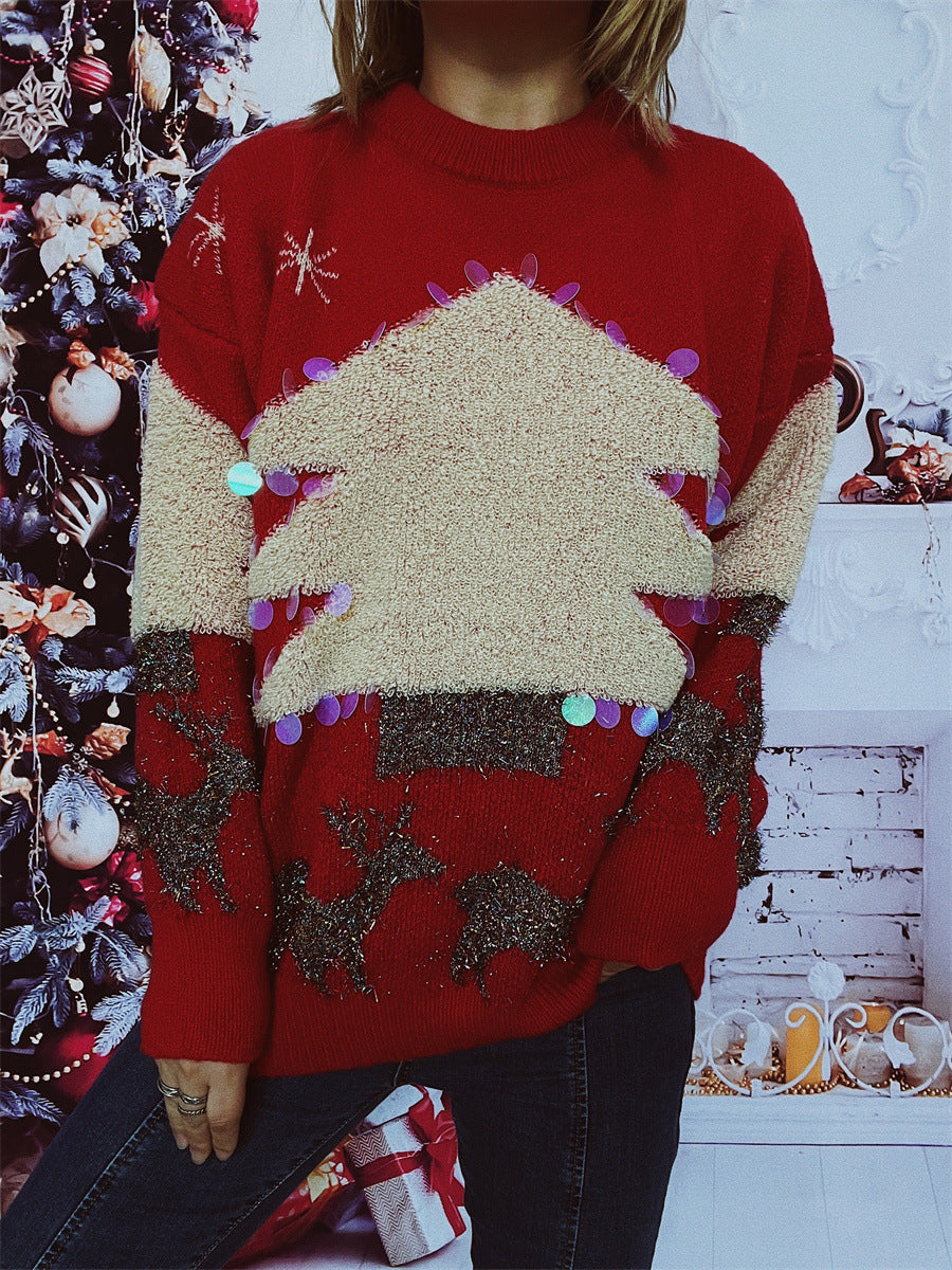 Christmas Sweater Handmade Sequined Flocking Christmas Tree Deer Thickened Pullover Year Sweater for Women