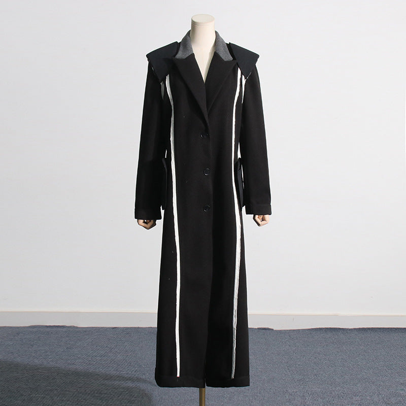 French Hepburn Contrast Color Design Long Trench Coat Women Clothing Winter Long Cut Coat