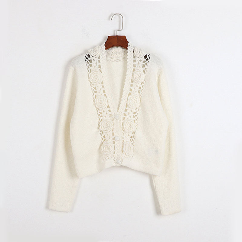 Handmade Crochet Hollow Out Cutout out Sweater Early Autumn Winter French Mohair Three Dimensional Floral Deep V Plunge Plunge neck Bag Buckle Knitted Coat for Women