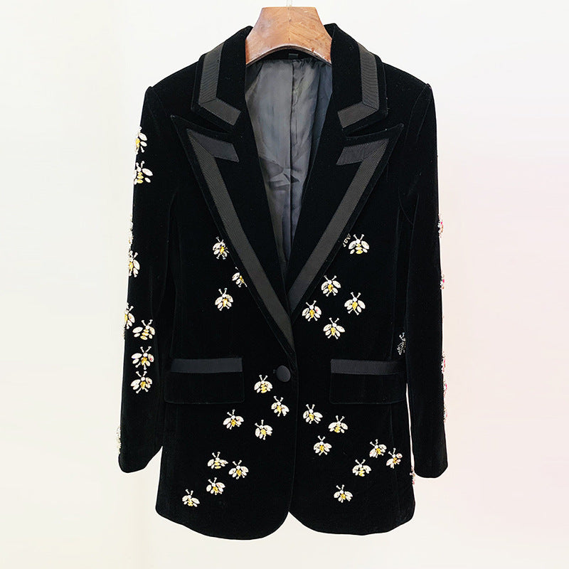 Otoño Invierno Estrella Slim Bee Exquisito Rhinestone Con Cuentas Terciopelo Blazer