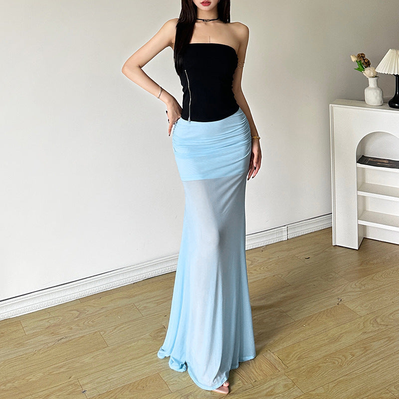 Summer Women Clothing Sexy High Waist Mesh Skirt Wild Fishtail