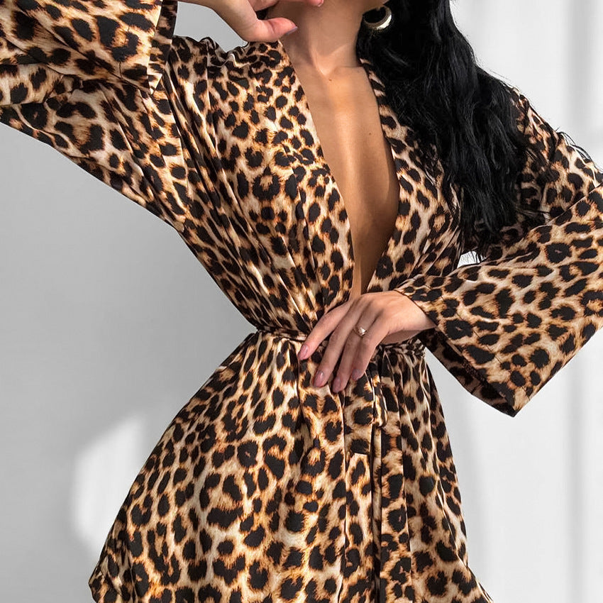 Autumn Leopard Print Printed Sexy Sling Ladies Homewear Cardigan Long Sleeve Shorts Pajamas Three Piece Set