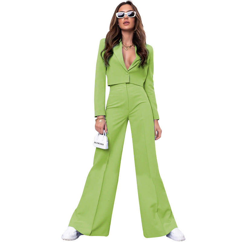 Autumn Winter Solid Color Short Long Sleeve Small Suit High Waist Wide Leg Pants Suit