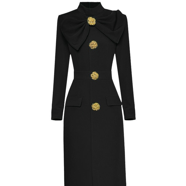 Stand Collar Long Sleeve Bowknot Waist-tight Fastener Decoration Hip Split Mid-length Dress