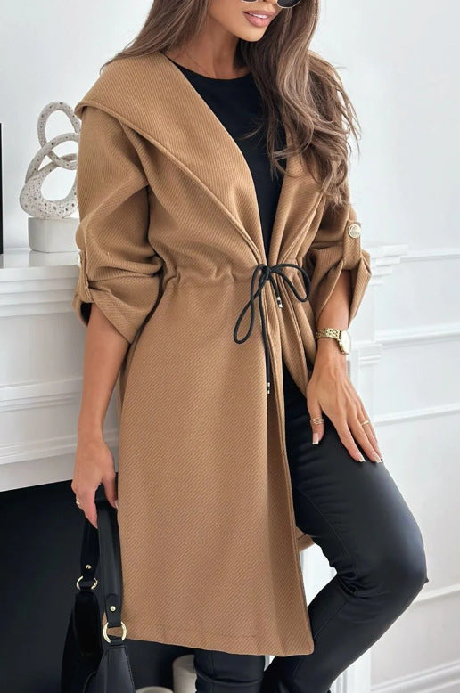 Tie Hooded Collared Women Casual Long Sleeve Autumn Winter Coat