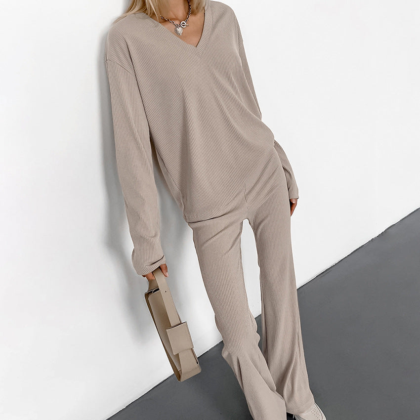 Autumn Knitted Sunken Stripe Can Be Worn outside Slim Skin Friendly Long Sleeved Trousers Warm Ladies Homewear