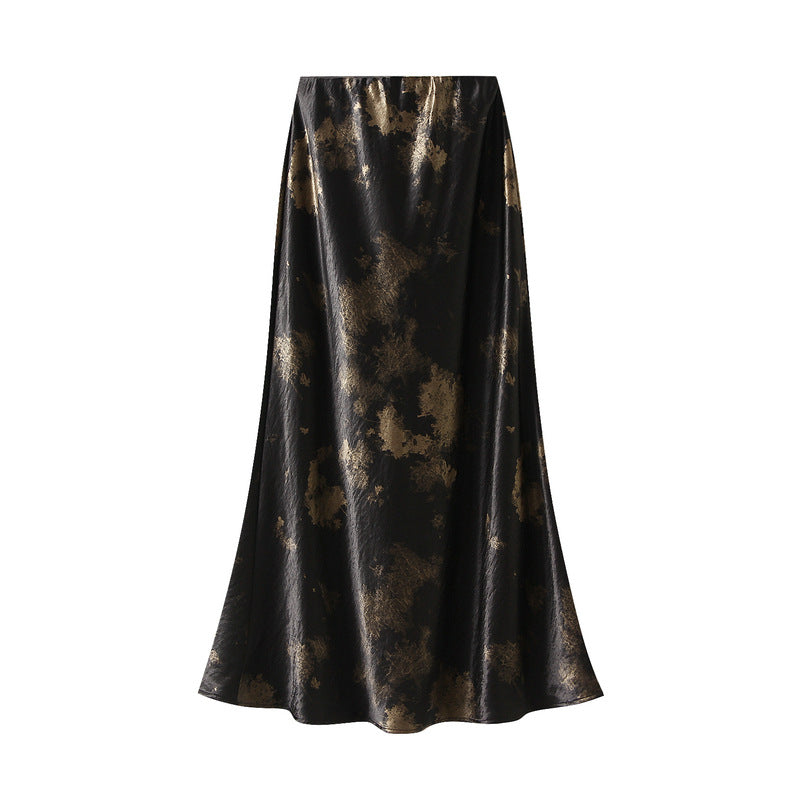 Gold Satin Printed Elastic Waist Tie Dyed Mid Length Skirt Sheath Fishtail Skirt Autumn