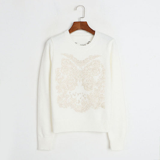 Women Clothing Autumn Winter Cd Floral Five Pointed Star Embroidered Long Sleeve round Neck Sweater