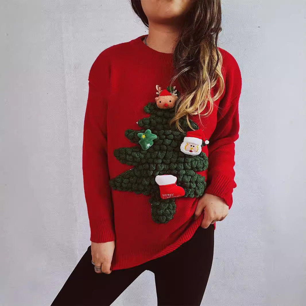 Suéter rojo con árbol de Navidad flocado tridimensional para otoño e invierno, suéter navideño holgado, suéter de año nuevo para mujer