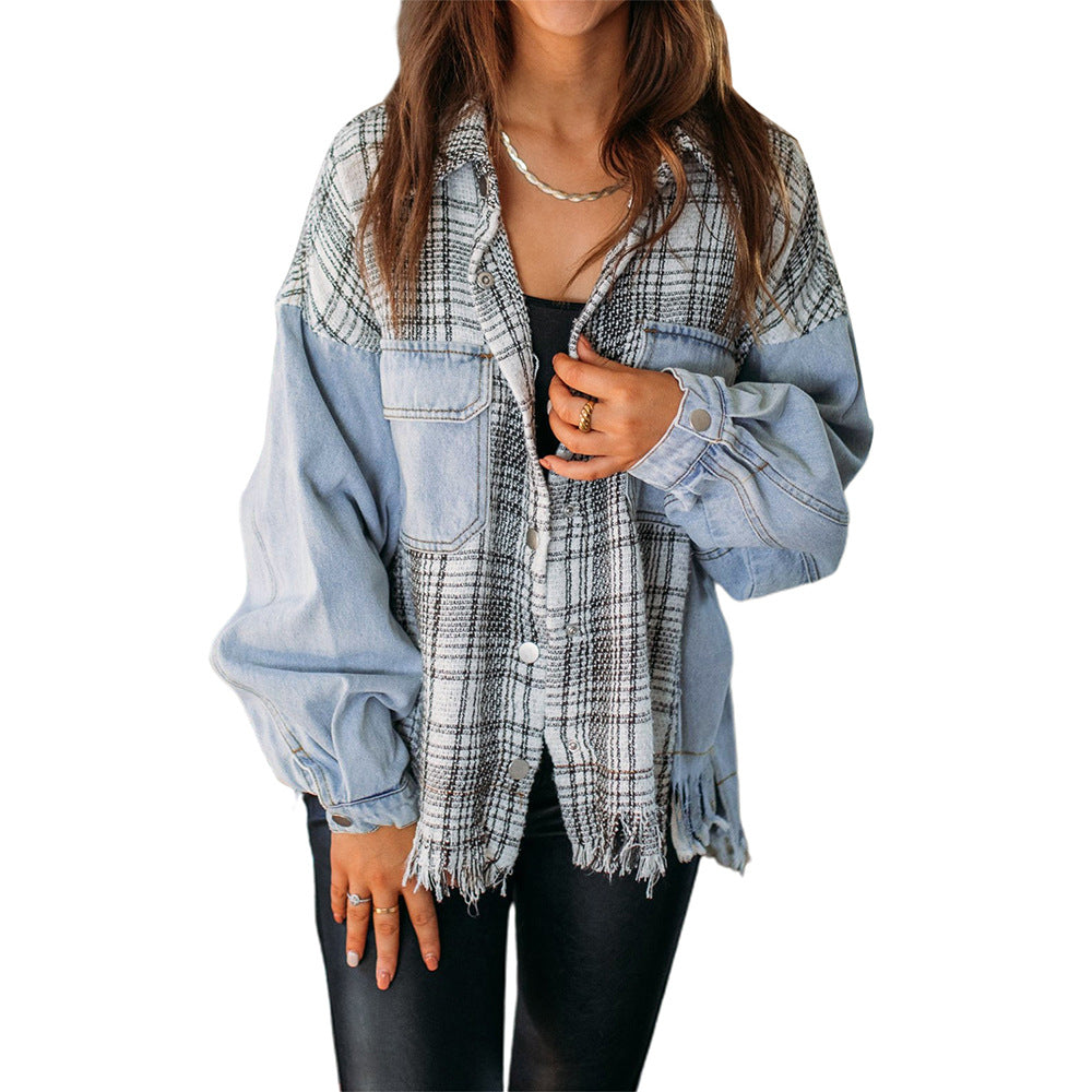 Rue femmes Plaid Patchwork Denim veste arrivée col gland veste