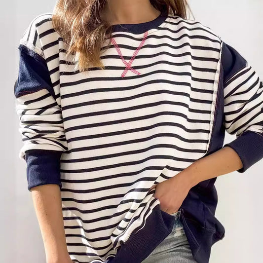 Women Clothing Women Multicolor Hoodie Striped Color Contrast Long Sleeve T Shirt