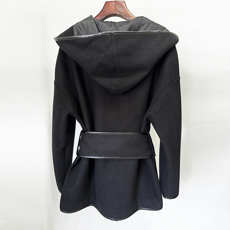 Goods Star Hooded Belt Batwing Sleeve Mid Length Woolen Jacket Coat