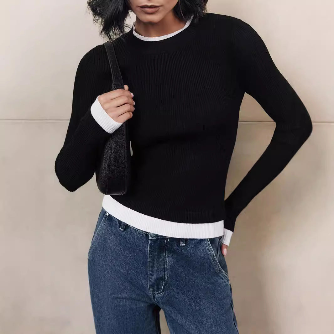 Autumn Winter Maillard Long Sleeve round Neck Thin Knitted Bottoming Shirt Color Contrast Patchwork Dehaired Angora Knitted Top