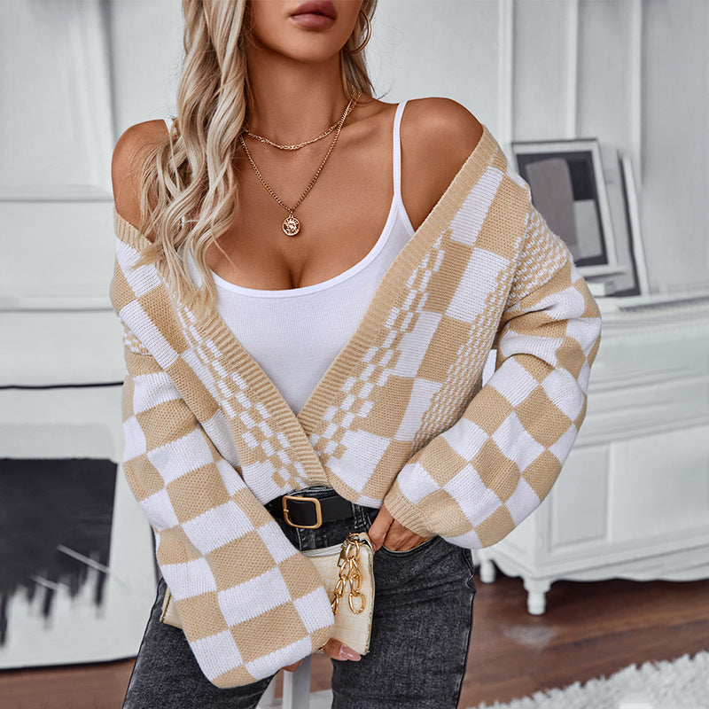 Contrast Color Check Women Sweater Autumn Winter Casual Loose Lantern Sleeve Knitted Cardigan