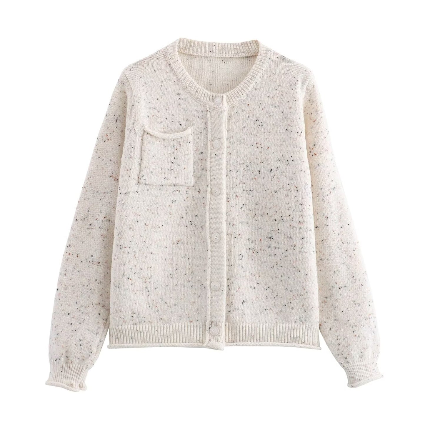 Vêtements d'automne pour femmes à la mode simple tissu arabesque à pois poche col rond manches longues cardigan tricoté