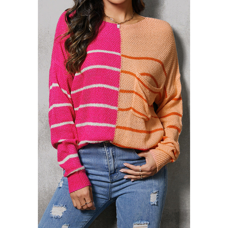 Pull à épaules tombantes de couleur contrastée pour femme, pull décontracté à rayures amples pour femme, automne et hiver