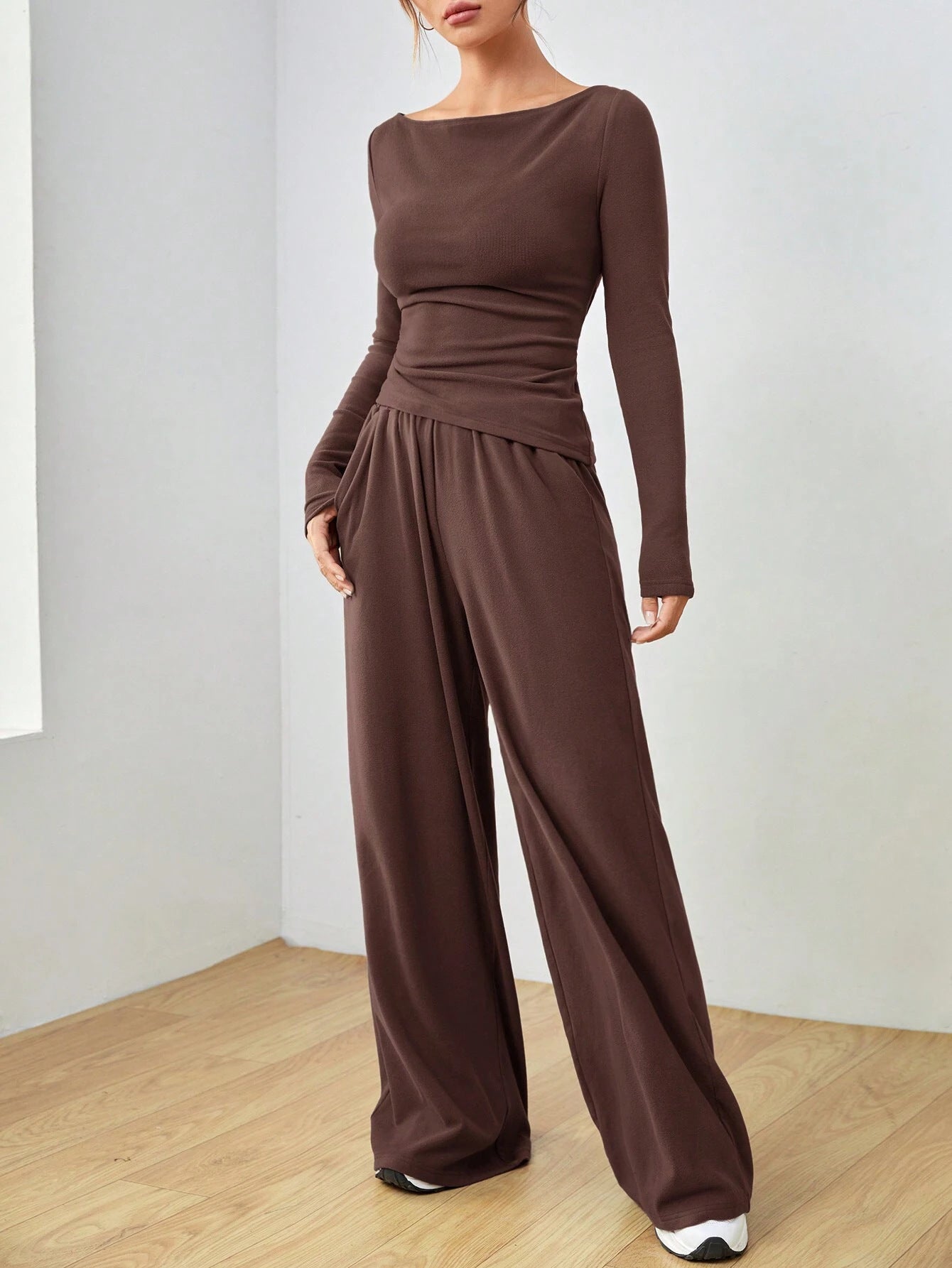 Autumn Winter Solid Color Long Sleeve Casual Wide Leg Trousers Two Piece Set Women Clothing