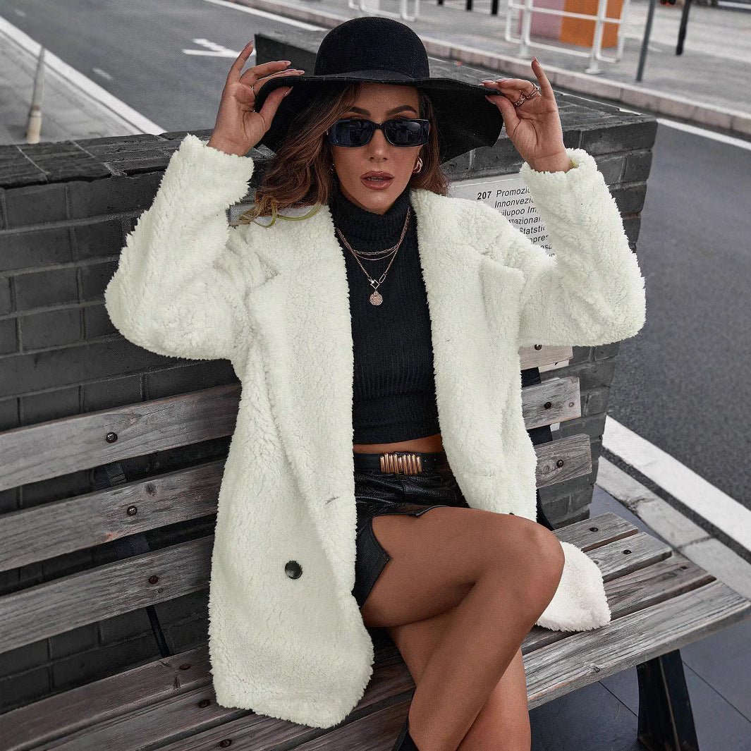 Women Clothing Winter Long Sleeve Collared Button Wool like Furry Coat