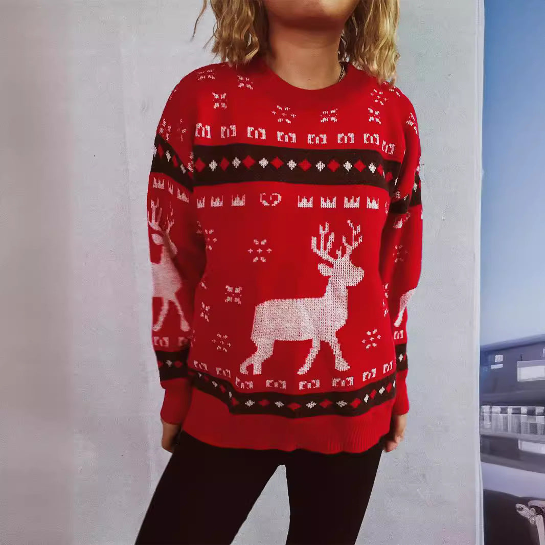 Arrival Autumn Winter Cartoon Elk Brocade Sweater Christmas Sweater round Neck Pullover Sweater