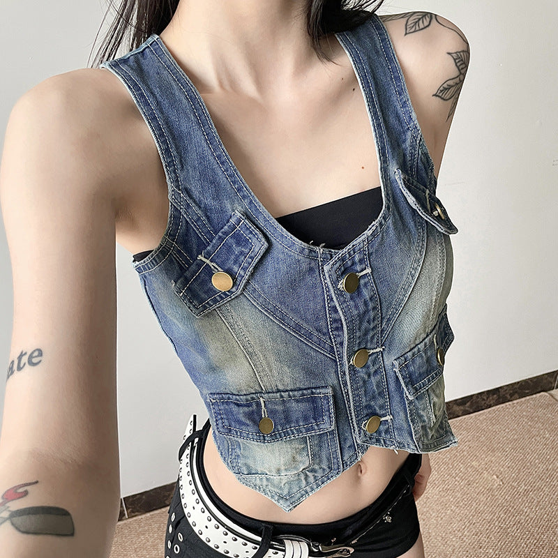 Wash Color Workwear Buckle Bag Denim Vest Women Sexy Personality Wear Irregular Asymmetric Top