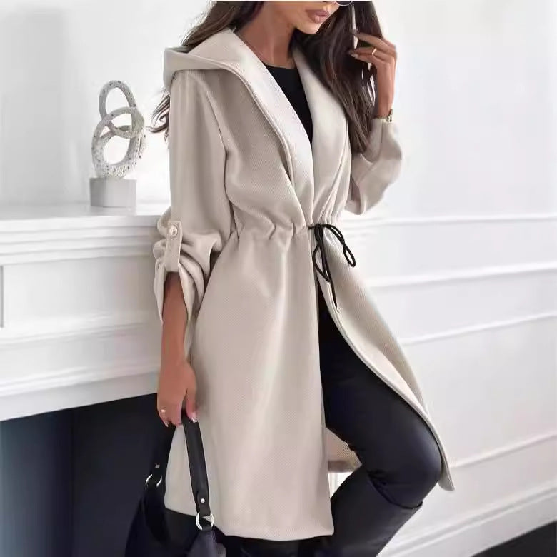 Tie Hooded Collared Women Casual Long Sleeve Autumn Winter Coat