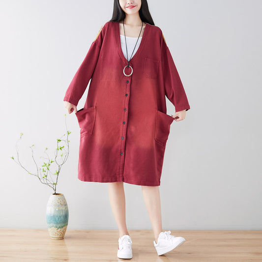 Spring Distressed Stitching Mid Length Coat Loose Artistic Trench Coat V neck Cardigan