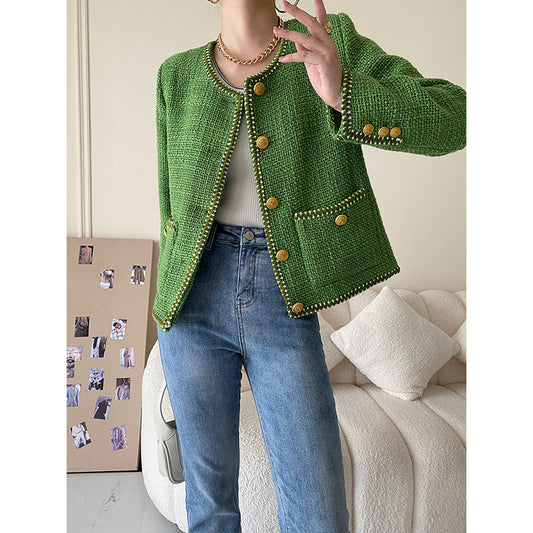 French Classic Elegant Green Short Shoulder Coat Early Autumn