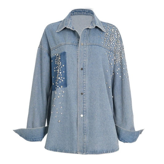 Autumn Super Heavy Industry Diamonds Irregular Asymmetric Washing Water Denim Shacket Loose