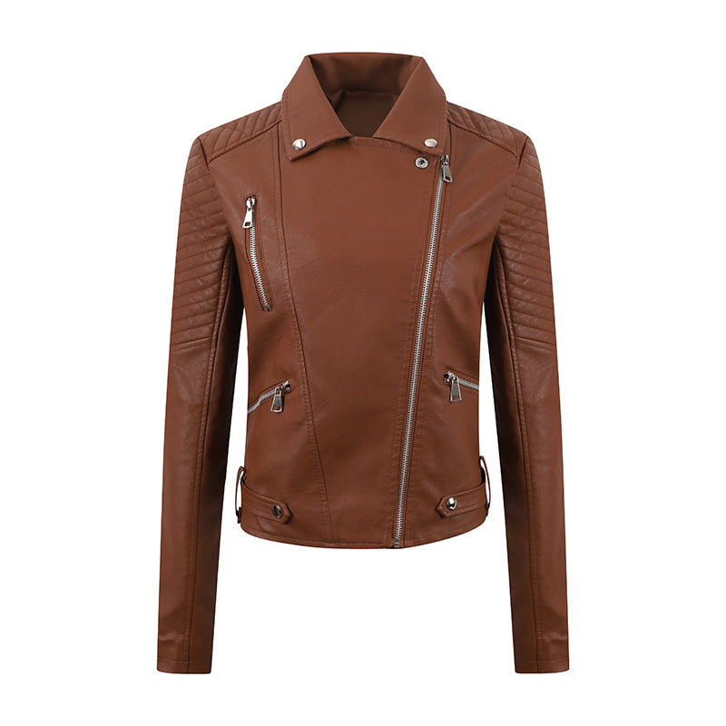 Vêtements en cuir pour femmes automne hiver similicuir femmes court cuir incliné coupe slim vêtements de moto veste en cuir lavé