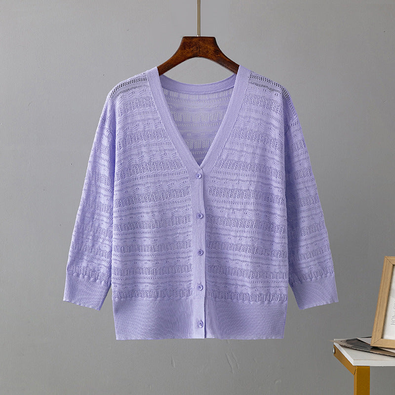 Spring Summer Sun Protection Knit Cardigan Thin Women Coat Outer Wear Ice Silk Cut out Top