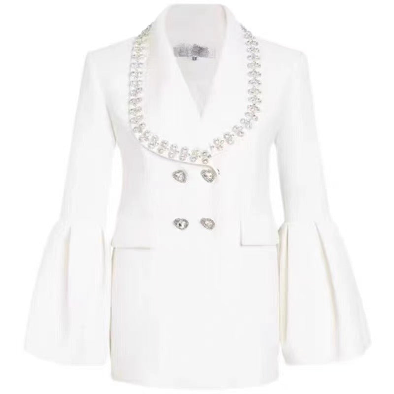 Abrigo con ribete de cintura con cuentas de diamantes Blazer Chanel blanco Mujer