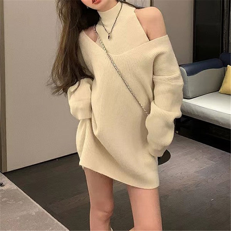 Wear Loose Lazy Mid Length off Shoulder Sweater Two Piece Sets Fall Winter Outer Wear Design Sweater