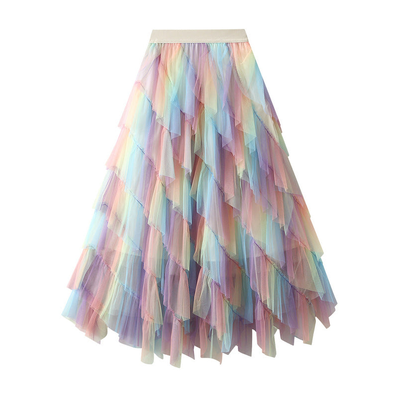 Advanced Gauze Skirt Gradient Green Multi Section Lace Irregular Asymmetric Stitching Oversized Hem Half Length Tulle