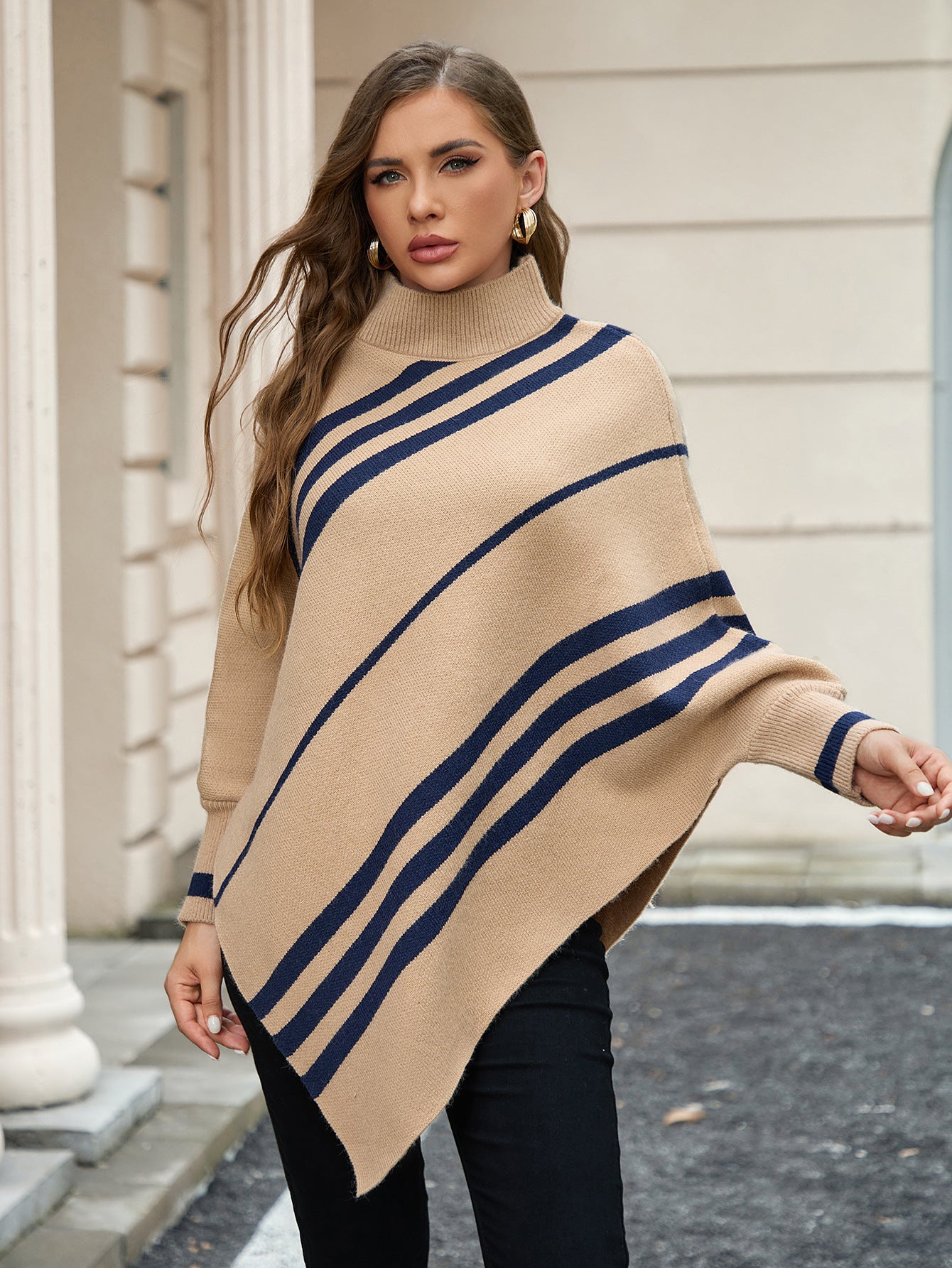 Women Sweater Irregular Asymmetric Striped Mock Neck Batwing Sleeve Pullover Sweater Shawl Cape