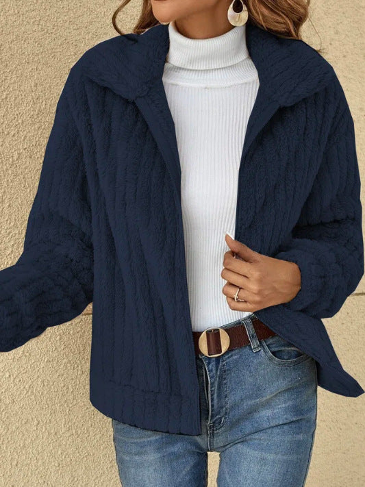 Manteau court à col en velours à rayures enfoncées pour femme, vêtements d'extérieur, automne hiver