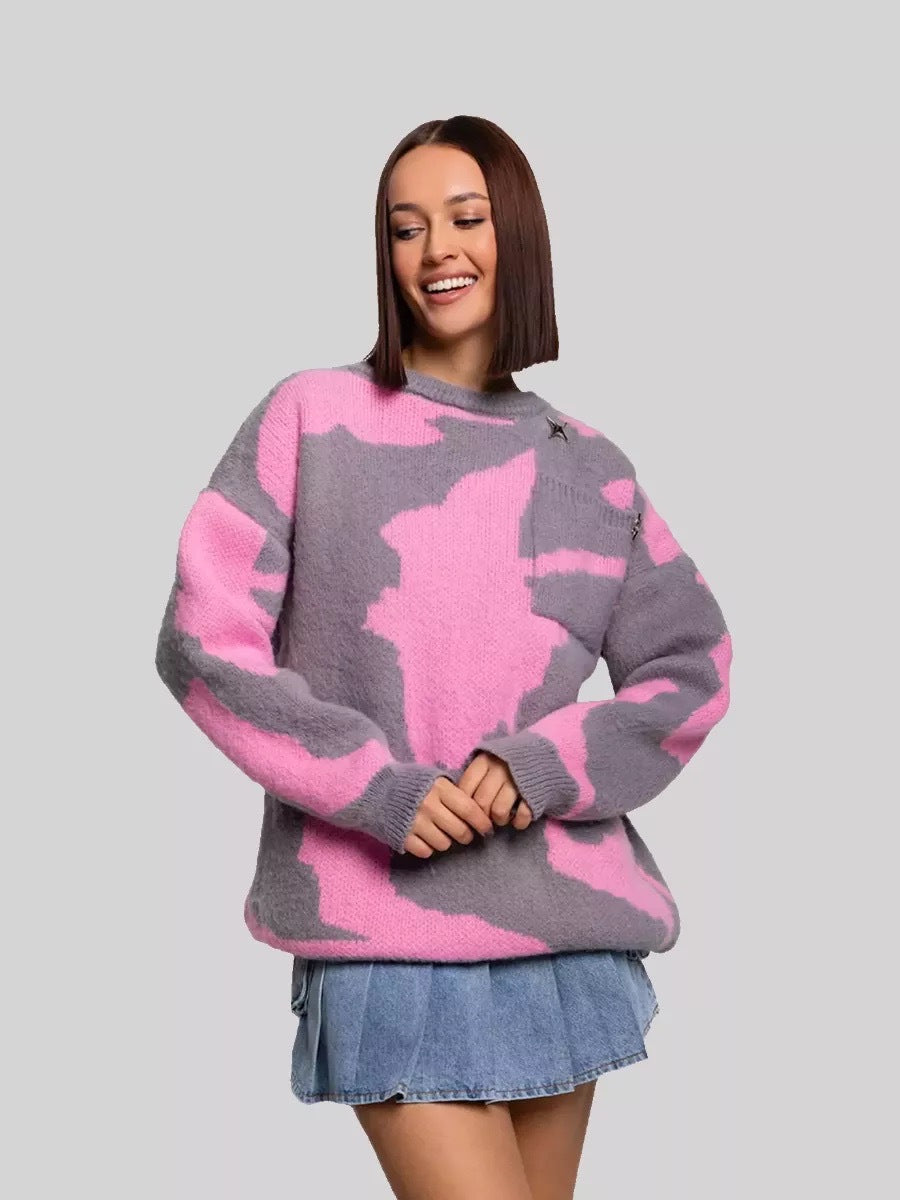 Pull col rond de couleur contrastée pour femme, pull ample et tendance, automne-hiver